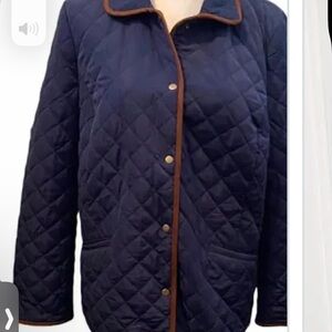 Talbots Navy Quilted Jacket with Brown Trim